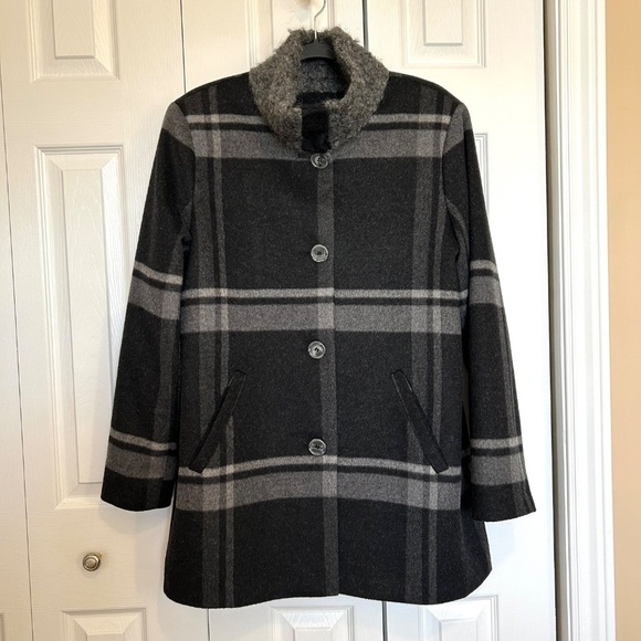 MALLIA Wool/Cashmere Pea Coat Grey Large Plaid Funnel Neck Size14 MadeInCanada - Picture 3 of 15